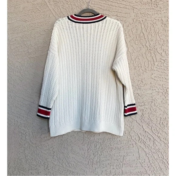 MANGO BLOGGER Cream Navy Red Cableknit Longline Cardigan Varsity